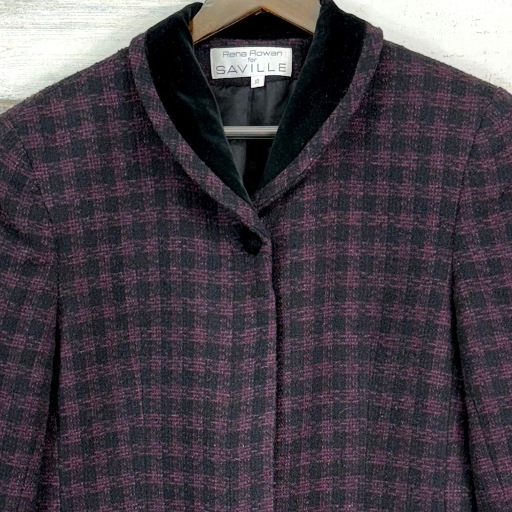 Rena Rowan for Saville Plaid Wool Purple Black Blazer Jacket Velvet Womens Sz 10